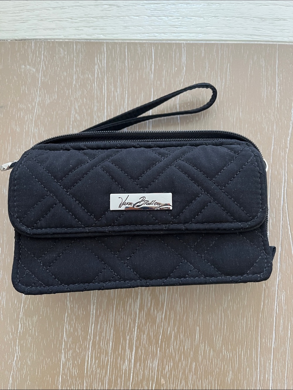Vera Bradley Black Quilted Wristlet Clutch with Logo Plaque